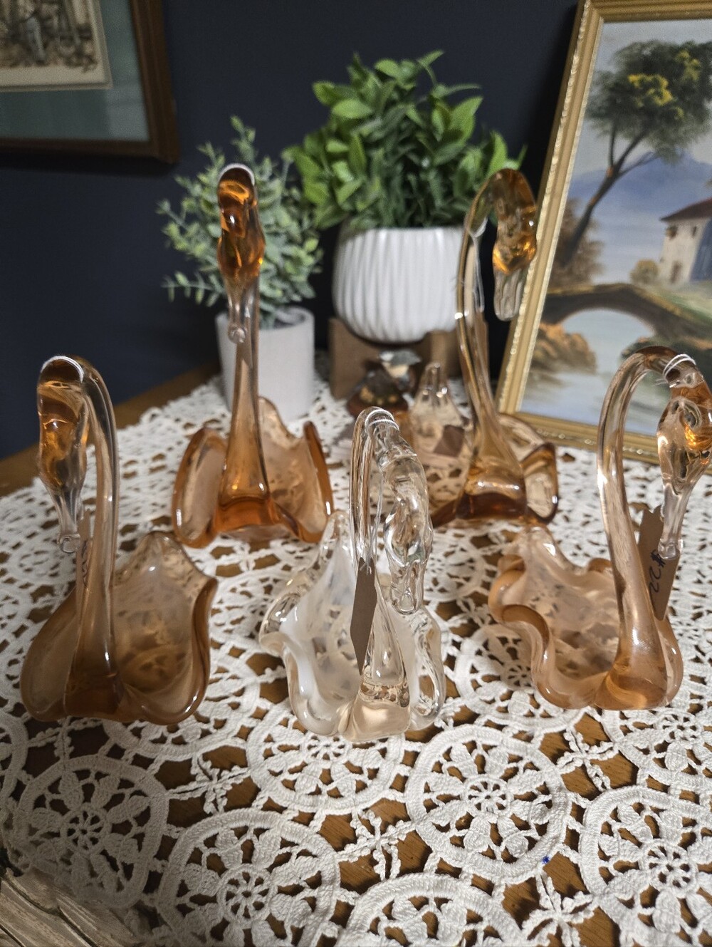 Collection of 6 Art Glass Swans – Amber, Peach & Clear